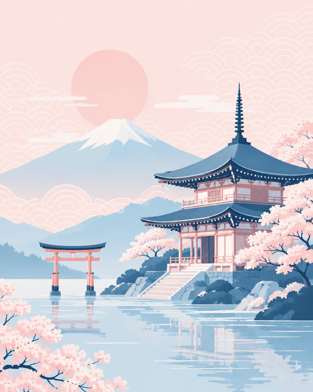 Minimal temple and torii gate illustration in soft pink and blue